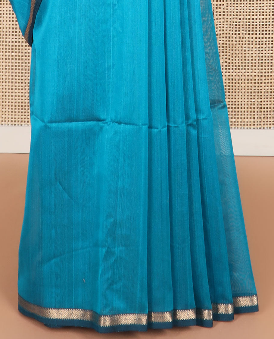 Blue motifs maheshwari cotton saree with contrast zari border & striped, floral design pallu