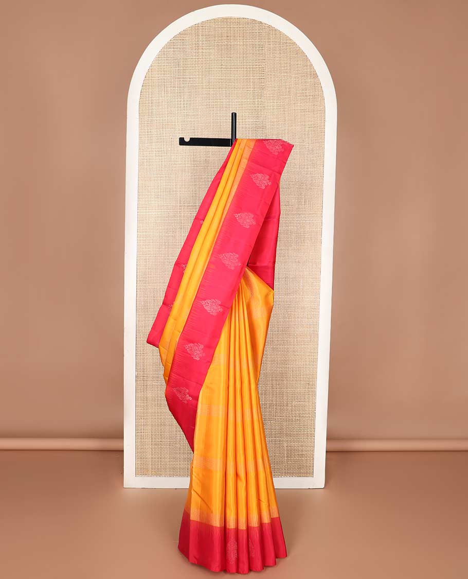 Orange checked mayuri soft silk saree with contrast floral design border & geometric design border