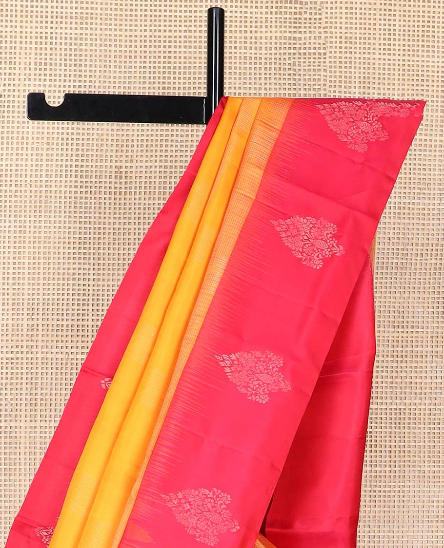 Orange checked mayuri soft silk saree with contrast floral design border & geometric design border