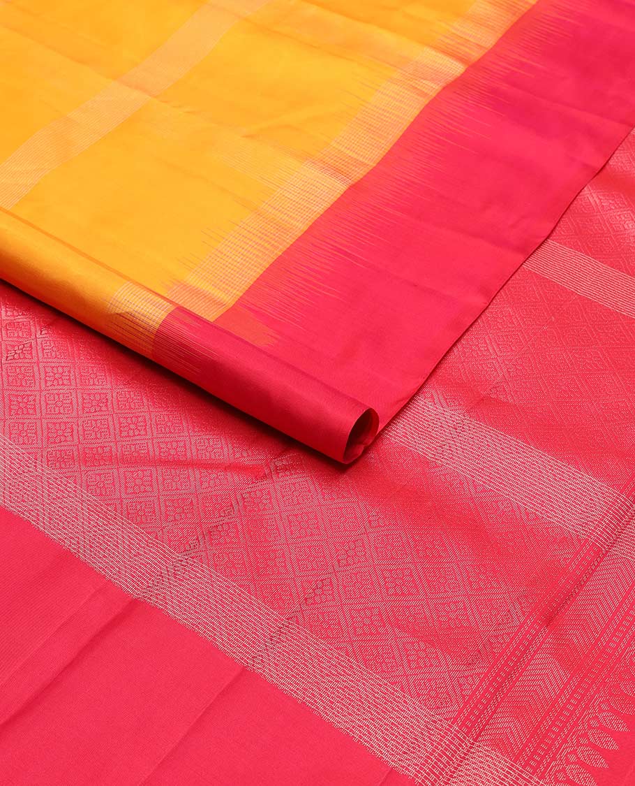 Orange checked mayuri soft silk saree with contrast floral design border & geometric design border