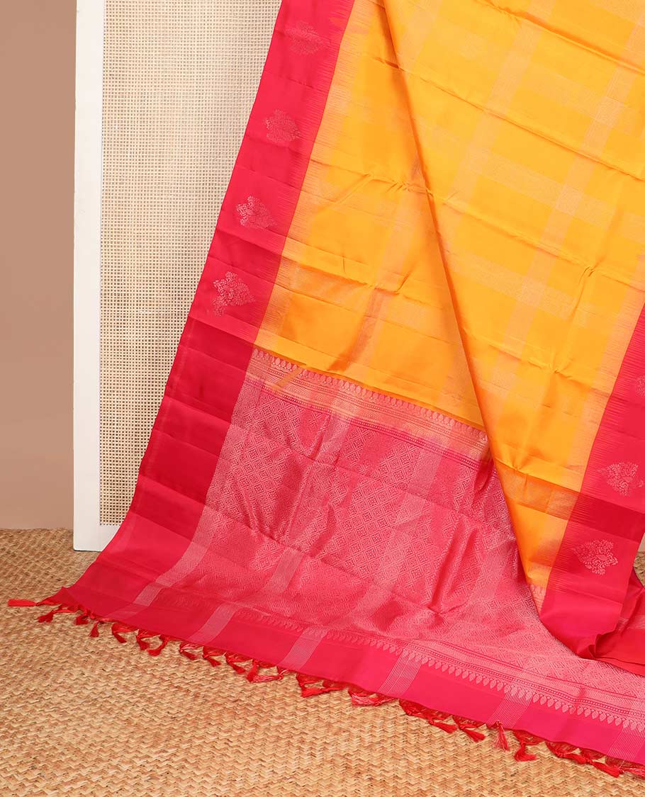 Orange checked mayuri soft silk saree with contrast floral design border & geometric design border