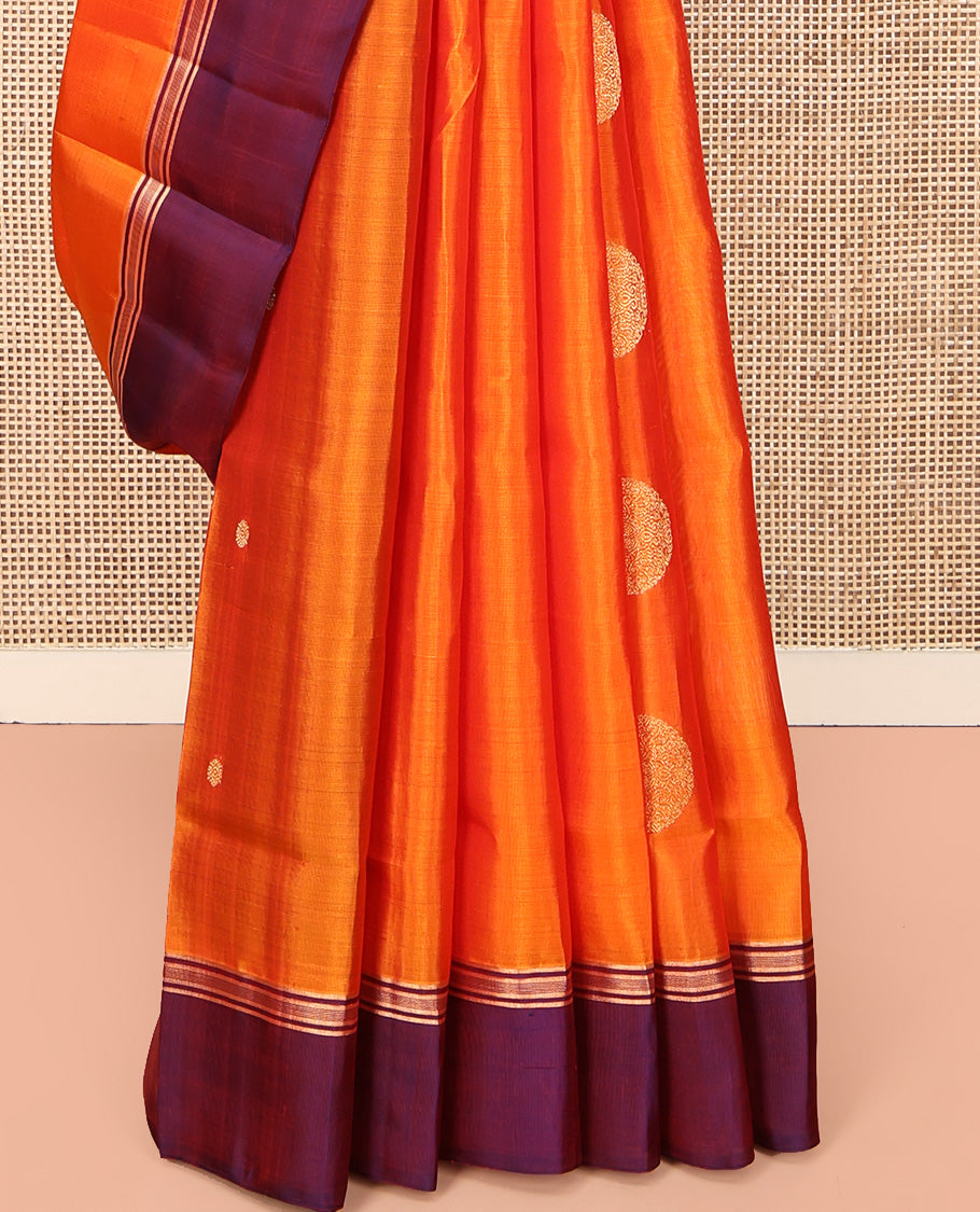 Orange Mayuri Lite Silk Mix Saree, Gleamed Up with Square Buttas All Over Its Body, Complemented by Contrast Border, Intricately Designed Pallu, and Paired with a Contrast Blouse
