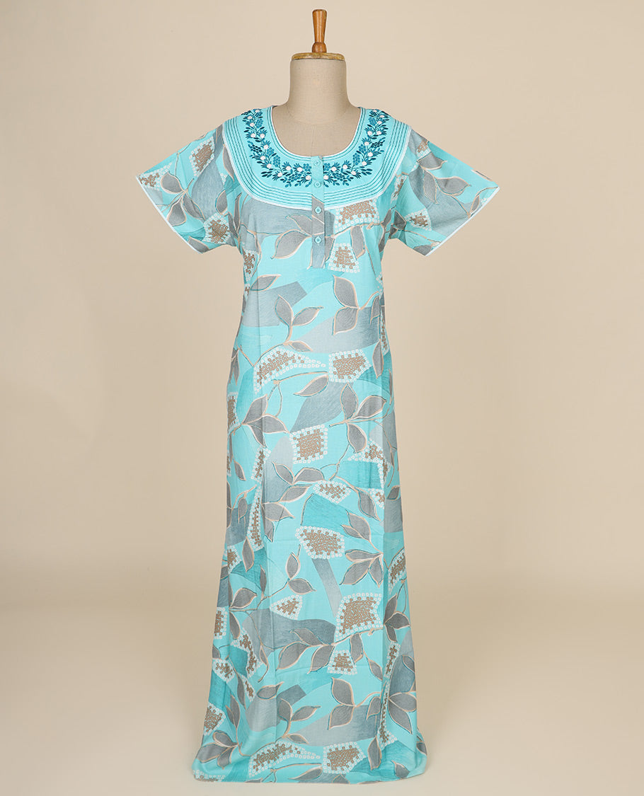 Light blue floral printed & floral thread embroidered round neck cotton half-sleeve nighty