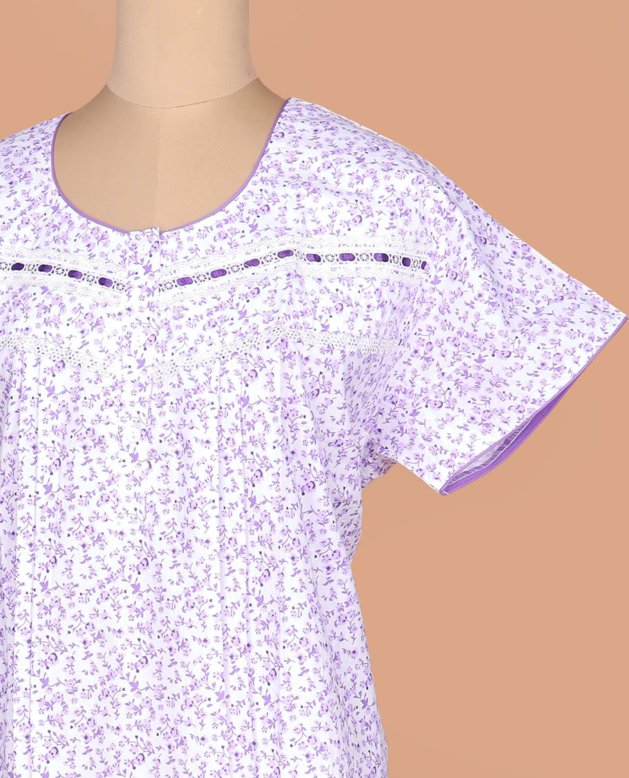 White base micro floral printed with round neck lace work half-sleeve nighty