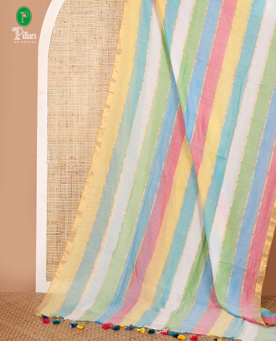 Rainbow-color striped khadi cotton saree, zari border, self-pallu of multi-color tassels & multi-color striped blouse