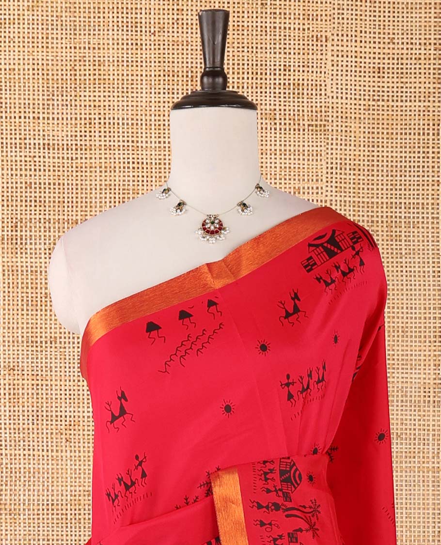 Magenta pink warli motifs printed micro-silk saree, copper zari small border, contrast warli printed pallu & plain blouse