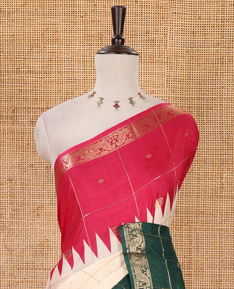 Cream zari buttas enclosed checked dola silk saree, contrast ganga jamuna temple peacock motifs border, floral-paisley printed pallu & contrast zari design blouse