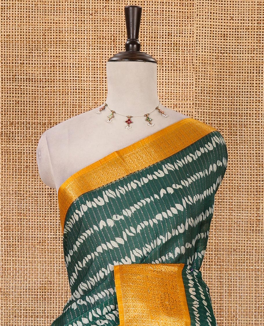 Green zari striped & uniquely printed soft tusser saree,contrast traditional zari border,kalamkari floral print pallu & zari design blouse