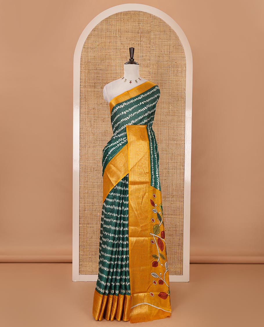 Green zari striped & uniquely printed soft tusser saree,contrast traditional zari border,kalamkari floral print pallu & zari design blouse