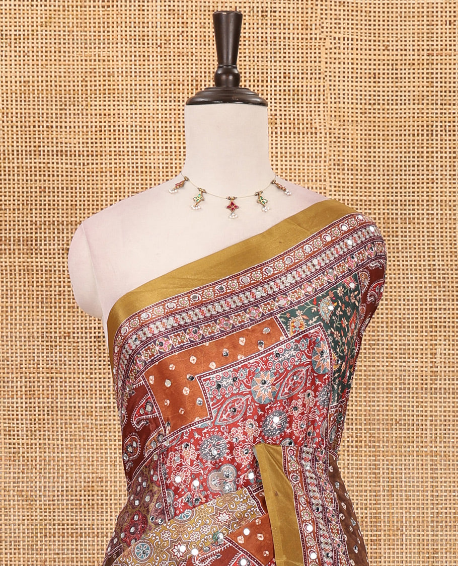 Mustard geometric patterns kaleidoscope-colored printed & mirror embroidered half-&-half masakali saree, printed border & pallu of embroidery work & plain blouse