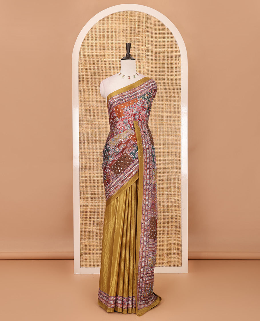 Mustard geometric patterns kaleidoscope-colored printed & mirror embroidered half-&-half masakali saree, printed border & pallu of embroidery work & plain blouse