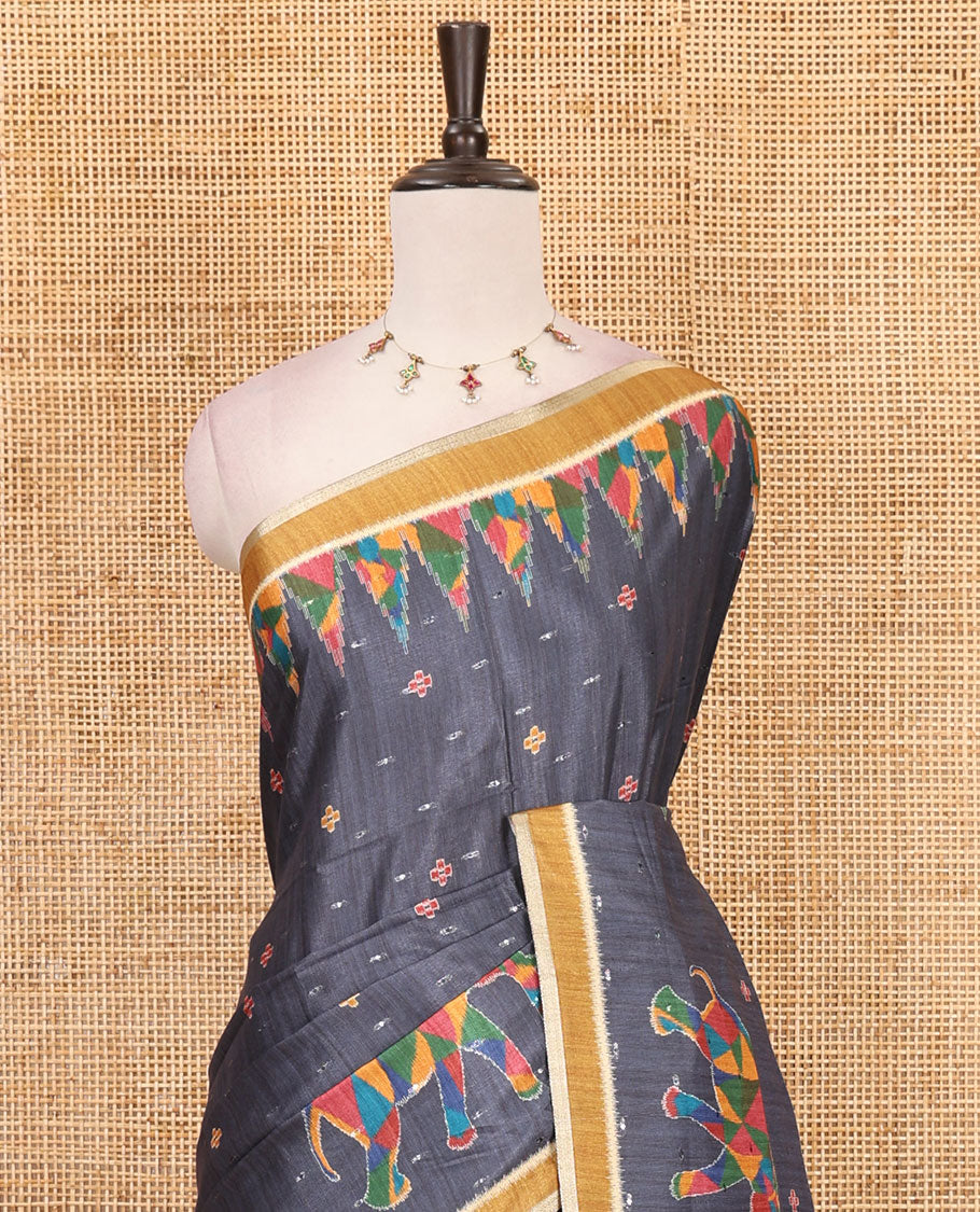 Grey buttas & kaleidoscope color elephant motifs printed katan silk saree, contrast multi-hue temple motif border, ikkat geometric print pallu & contrast printed blouse