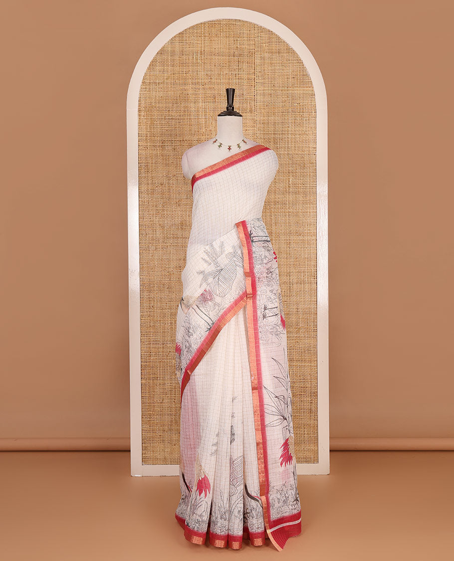 White with pink zari checks linen saree with contrast border and unique designs of pallu along with contrast plain blouse