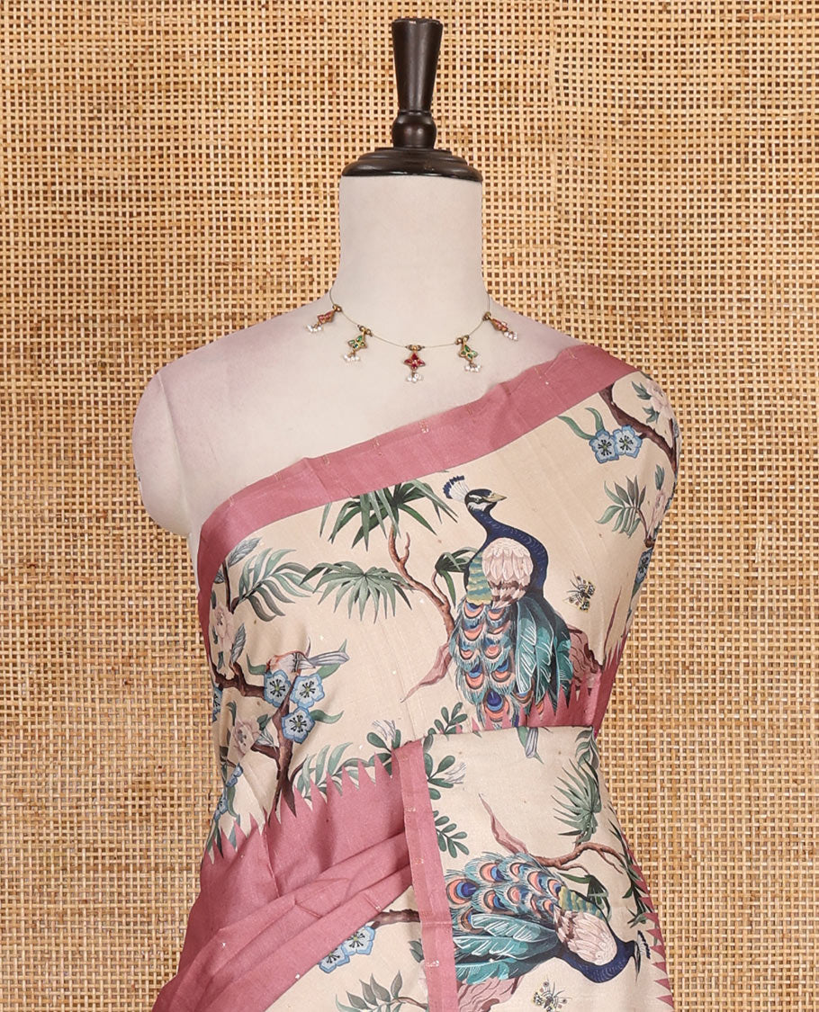 Onion pink gold zari dotted buttas semi tussar saree, contrast temple border features peacocks on the brand design print, striped pallu, and printed blouse