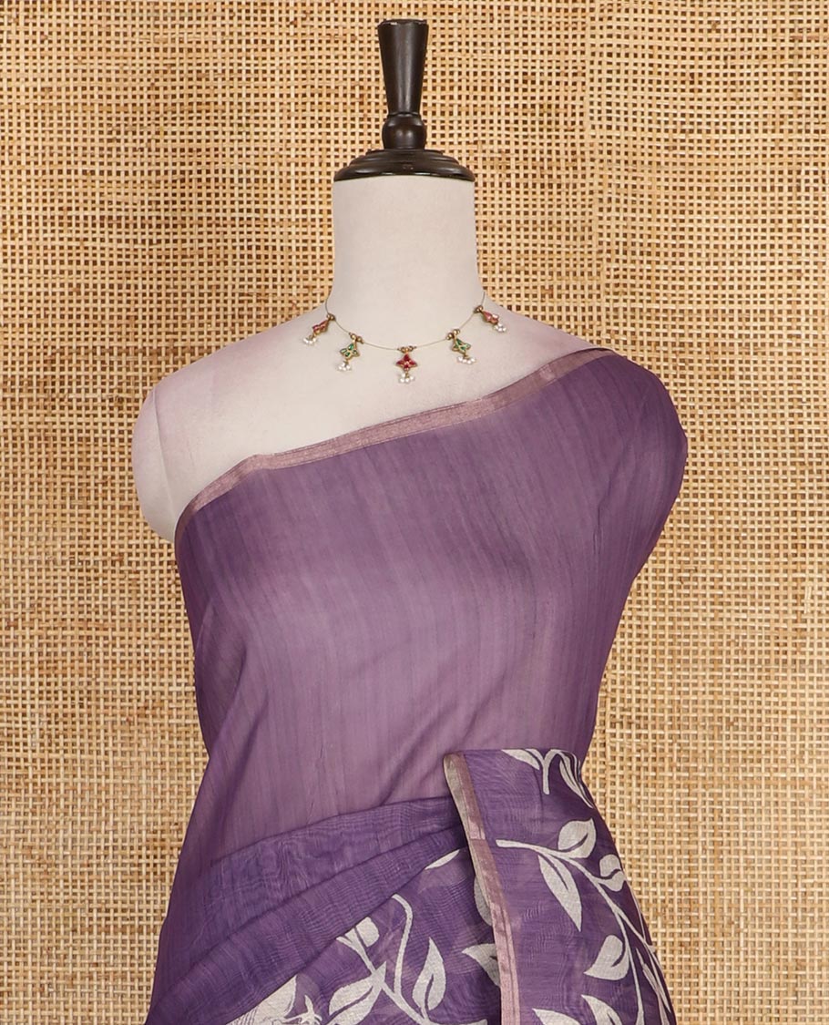 Violet plain Chanderi silk saree, floral vine, and sparrow motifs printed skirt border, and pallu, sparrow motifs printed blouse