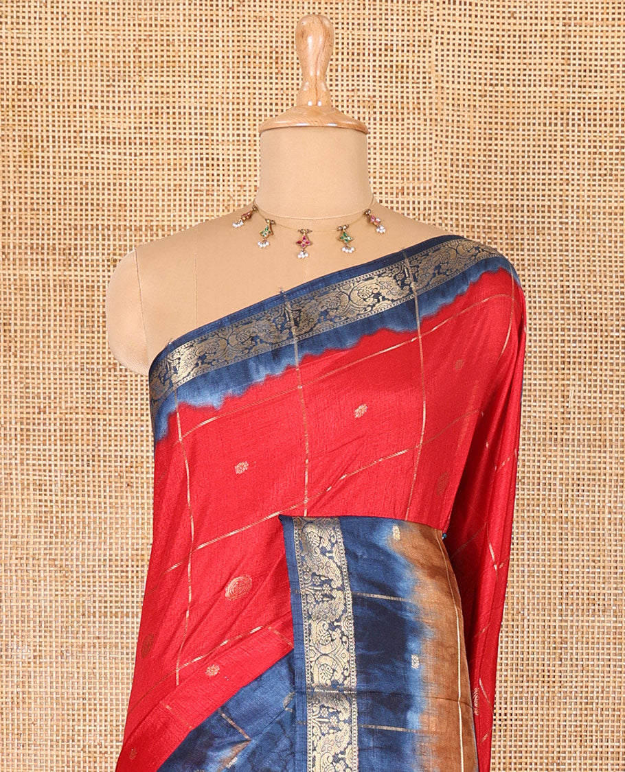 Red buttas enclosed checked dola silk saree, contrast shibori print with traditional zari border, buttas enclosed checked pallu, and a contrast buttas enclosed checked blouse