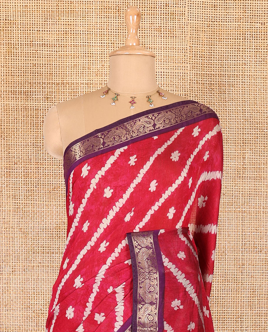Rani pink batik style lehariya stripes printed muslin silk saree, contrast peacock zari woven border, Mughal inspired painting style motifs printed pallu and a contrast blouse