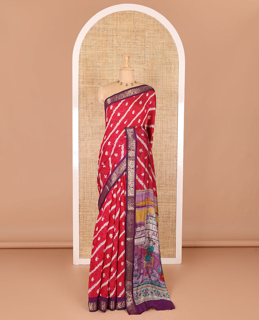 Rani pink batik style lehariya stripes printed muslin silk saree, contrast peacock zari woven border, Mughal inspired painting style motifs printed pallu and a contrast blouse