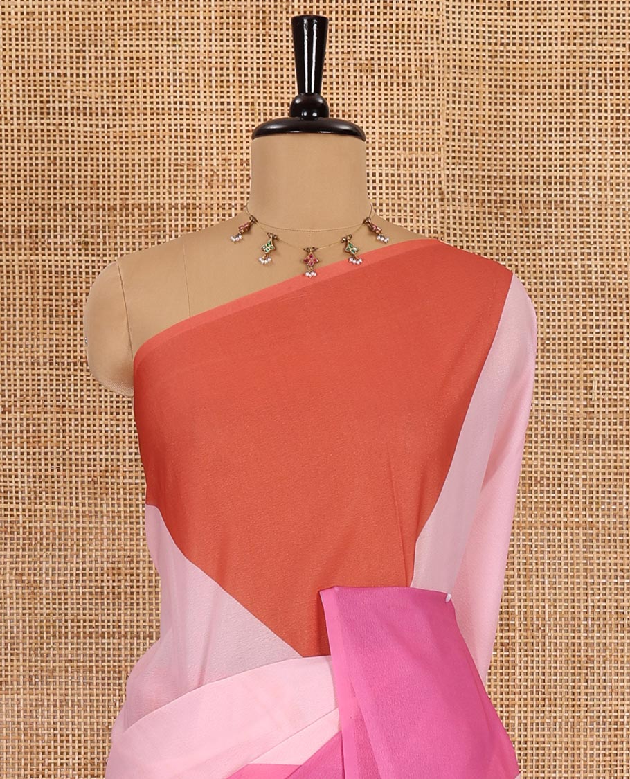 Borderless peach plain moss chiffon saree, contrast double-sided temple border, self-pallu, and diamond-patterned printed blouse