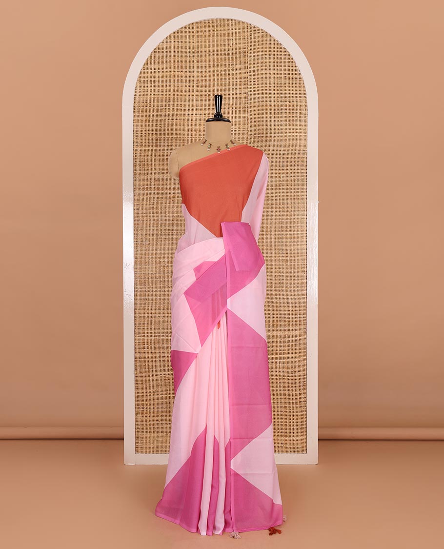 Borderless peach plain moss chiffon saree, contrast double-sided temple border, self-pallu, and diamond-patterned printed blouse