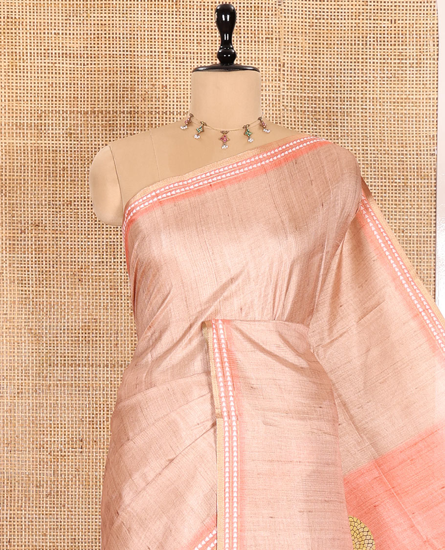 Chikku and Orange Plain Semi-Tussar Saree, Complemented by a Contrast Resham Thread Border, Tree of Life Printed Pallu, and Paired with a Contrast Bird Motifs Printed Blouse