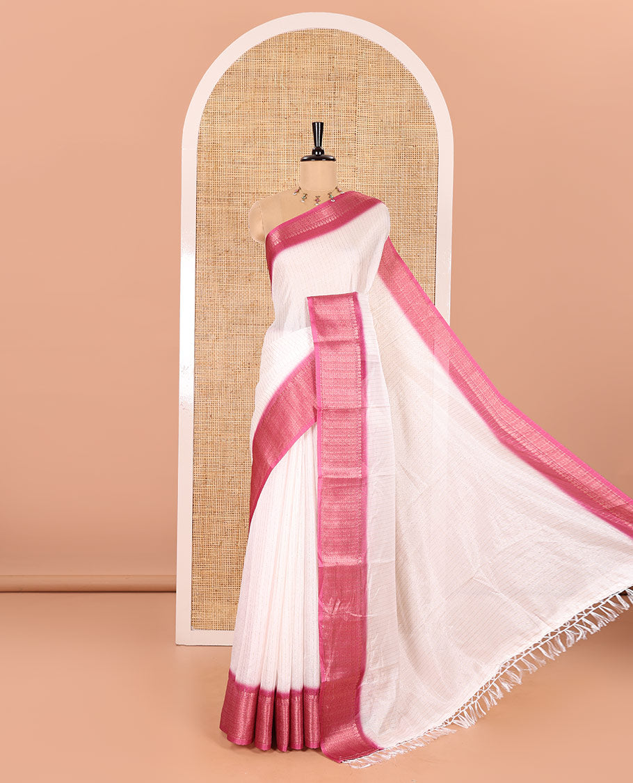 White and Pink Dola Silk Saree Bedecked with Vertical Zari Stripes All Over the Body, Complemented by a Contrast Border of Traditional Zari Designs, Self-Pallu of Stripes, and Paired with a Contrast Blouse