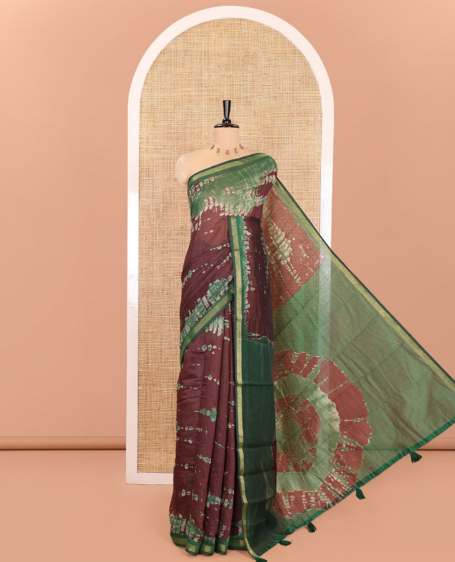 Brown Muslin Cotton Saree, Adorned with Marble-Textured Shibori Printed All Over Its Body, Subtle Piping Border, Pallu of Shibori Print, and Paired with a Contrast Blouse