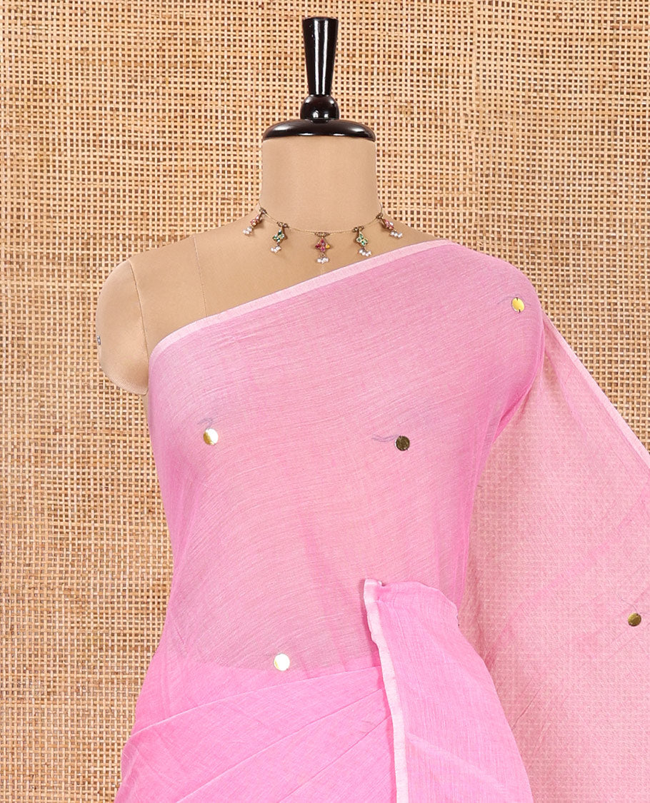 Borderless Pink Khadi Mul Cotton Saree, Gleamed up with Sequin Work on Its Body and Pallu, and Paired with a Matching Blouse