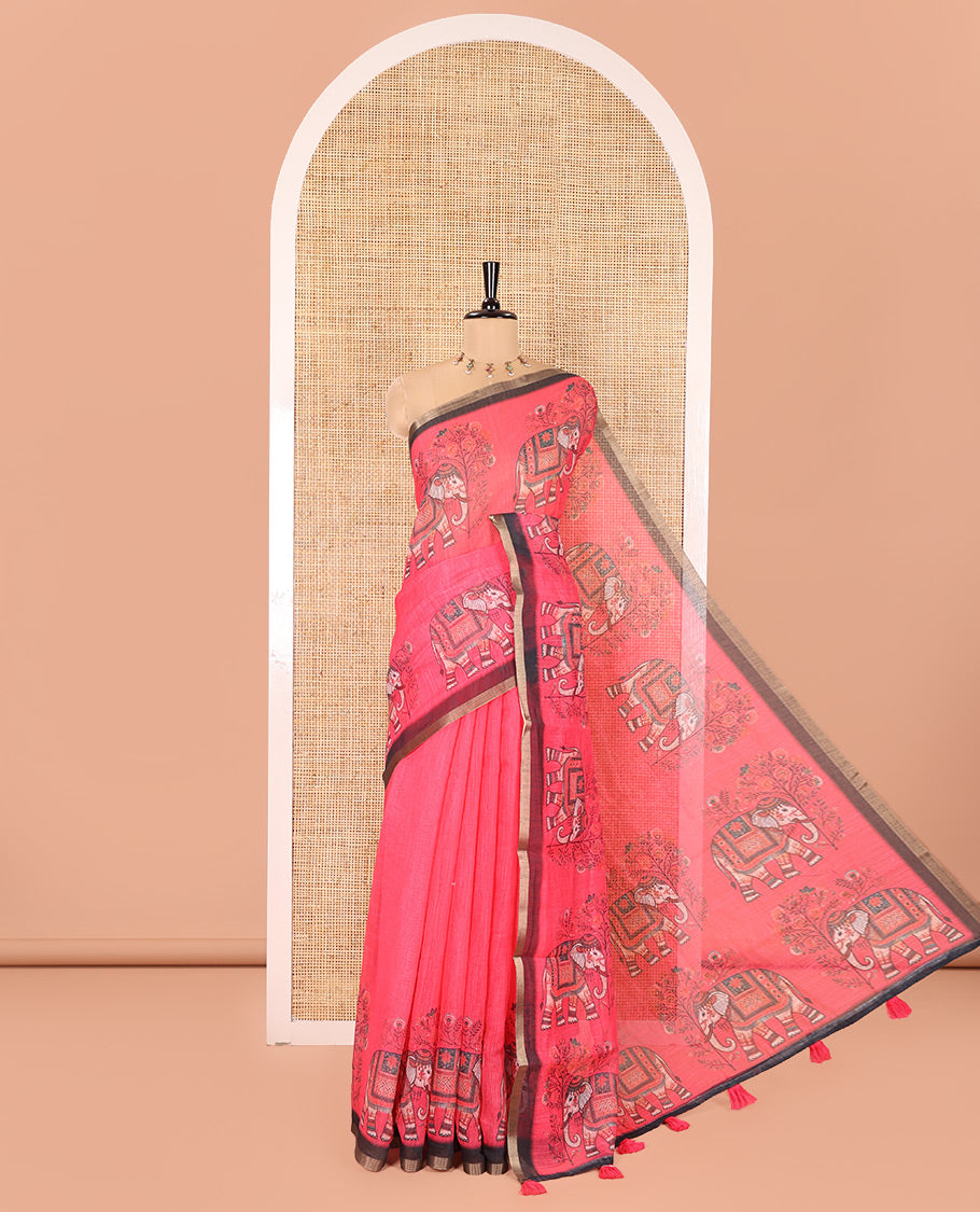 Rani Plain Linen Cotton Saree, Artfully Detailed with Elephant Motifs on Piping Border, Pallu of Elephant Motifs Print, and Paired with a Contrast Blouse