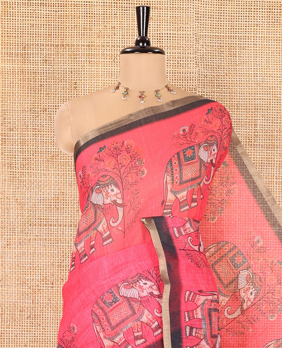 Rani Plain Linen Cotton Saree, Artfully Detailed with Elephant Motifs on Piping Border, Pallu of Elephant Motifs Print, and Paired with a Contrast Blouse
