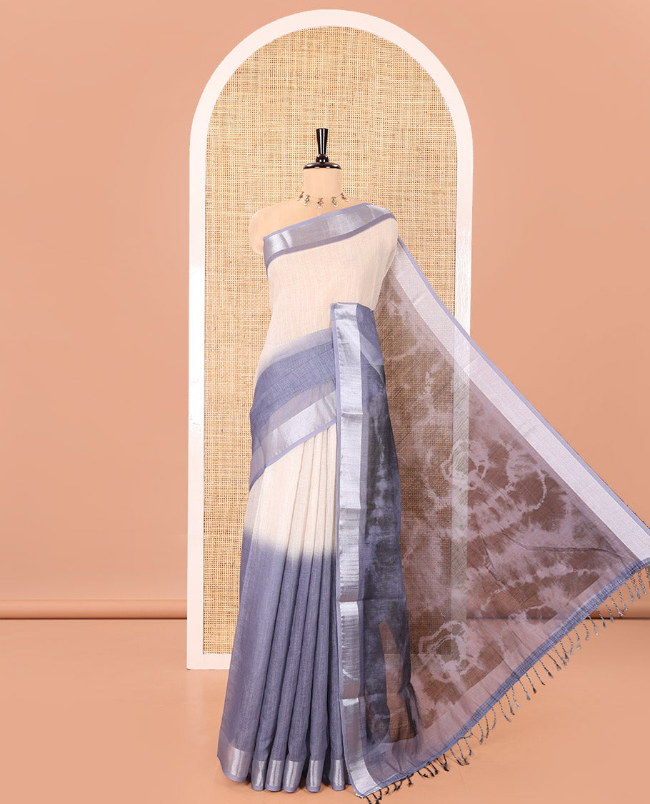 Chikku-Grey Linen Cotton Saree, Adorned with Ombre-Style Dye Print, a Subtle Zari Border, Bold Shibori-Printed Pallu, and a Printed Blouse