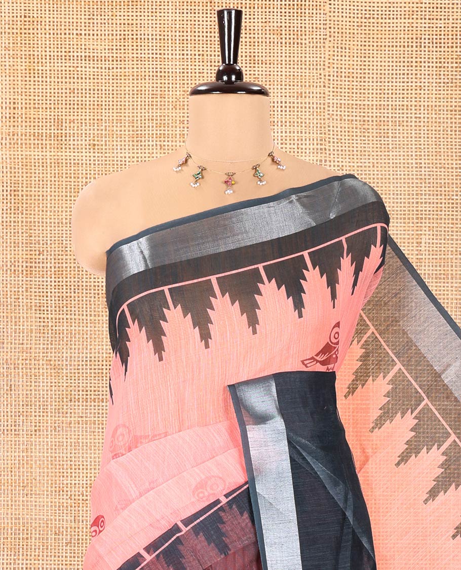 Peach Linen Cotton Saree, Adorned with Owl Buttas Printed on Its Body, Complemented by Contrast Temple Zari Border, Pallu of the Same Print, and Paired with a Contrast Blouse