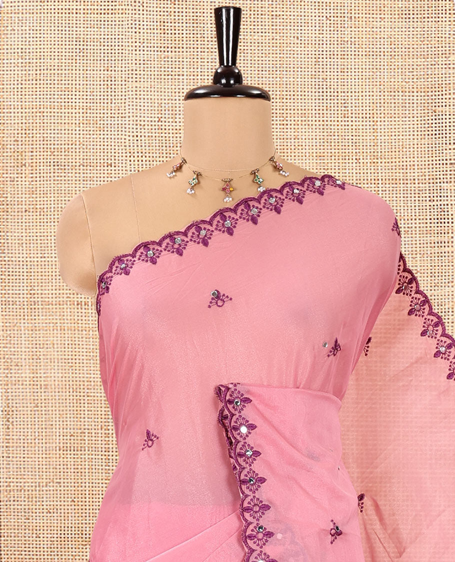 Dusty Pink Rangoli Chiffon Saree, Beautified with Thread and Mirror Work Buttas on Its Body, Subtle Scallop Embroidered Border, Embroidered Pallu, and Paired with a Contrast Mirror Work Blouse