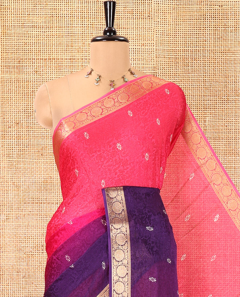 Pink and Violet Candy Chiffon Saree, Featuring Floral Vine Embossed, Buttas, and Ombre-Style Dyed on Its Body, Highlighted by Floral Creeper Zari Border, Intricately Designed Pallu, and Paired with a Contrast Blouse