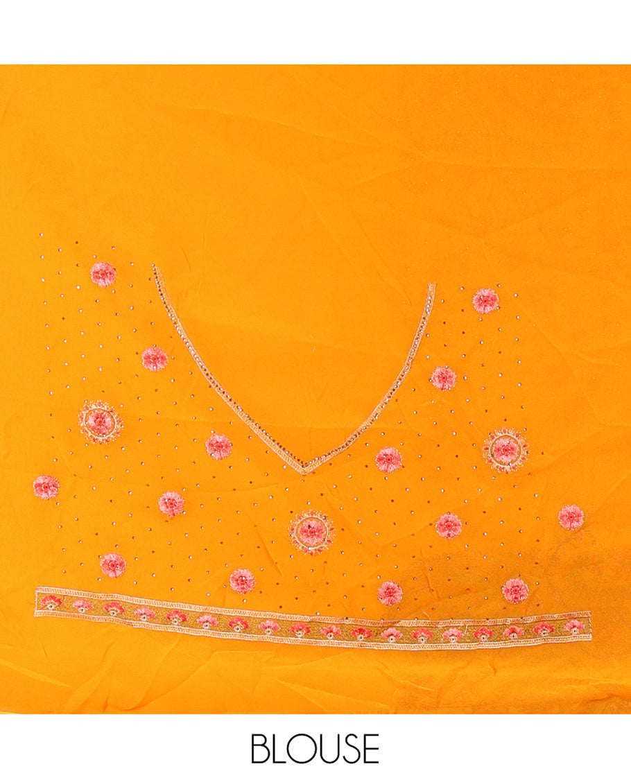Mustard Georgette Saree, Ornamented with Intricate Paisleys, Kashmir Embroidered and Stone Work on Its Body, a Self-Embroidered Border, and Paired with an Embroidered Blouse