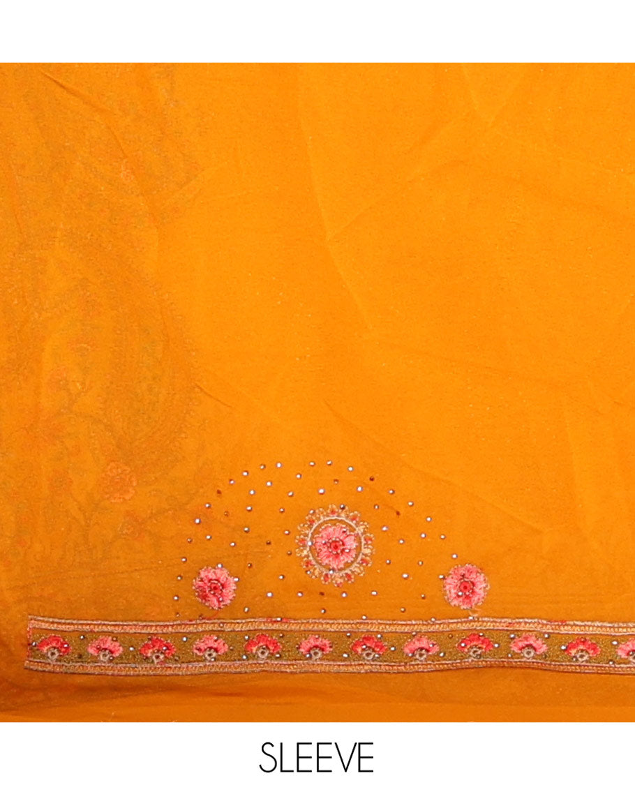 Mustard Georgette Saree, Ornamented with Intricate Paisleys, Kashmir Embroidered and Stone Work on Its Body, a Self-Embroidered Border, and Paired with an Embroidered Blouse