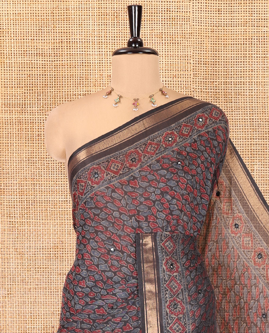 Grey Chanderi Cotton Saree, Elevated with Intricate Bagru Print and Mirror Work on Its Body, a Subtle Printed Border, Pallu of Paisleys Block Print, and Has a Plain Blouse
