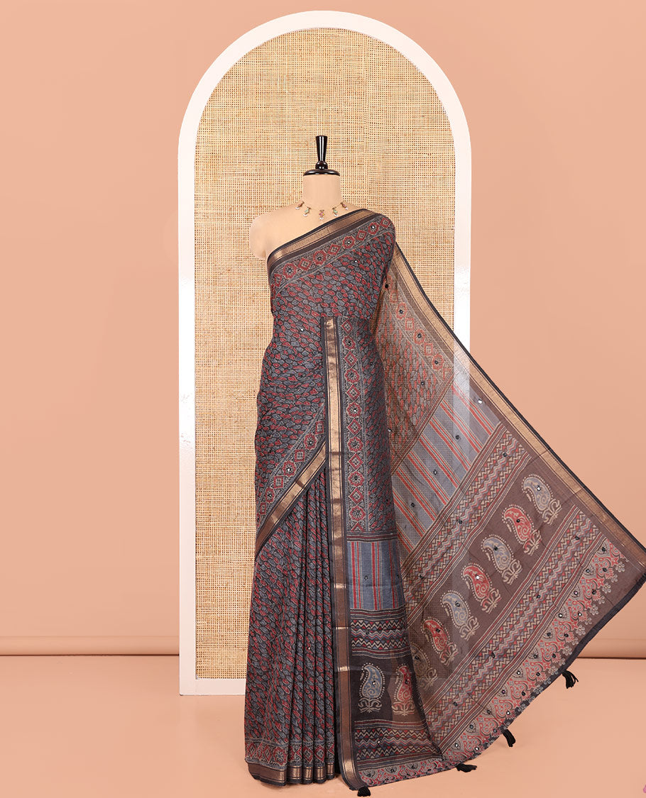 Grey Chanderi Cotton Saree, Elevated with Intricate Bagru Print and Mirror Work on Its Body, a Subtle Printed Border, Pallu of Paisleys Block Print, and Has a Plain Blouse