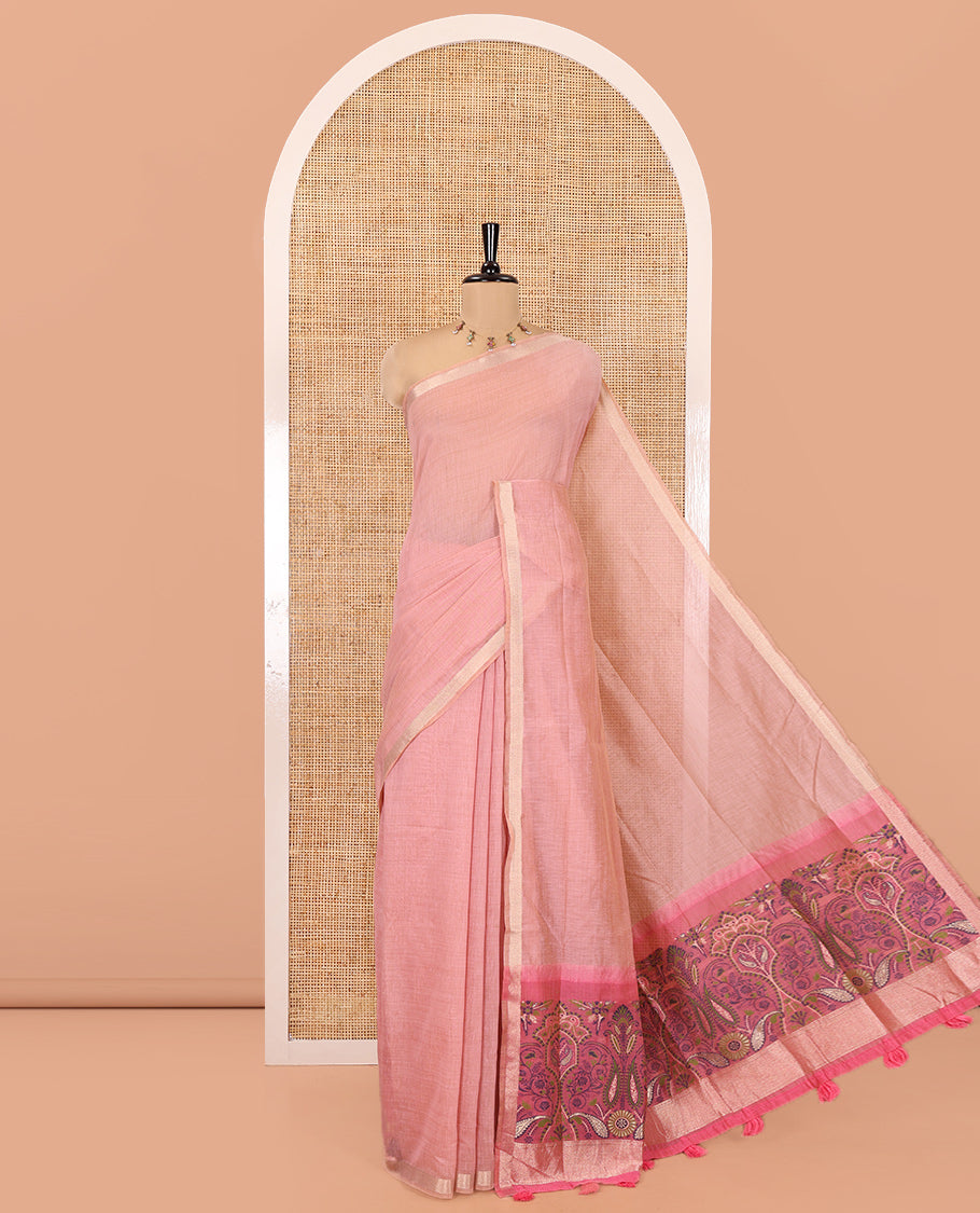 Onion Pink Plain Jamdani Cotton Saree, Highlighted by a Golden Zari Border, Pallu of Kashmiri-Style Weaving, and Paired with a Contrast Striped Blouse