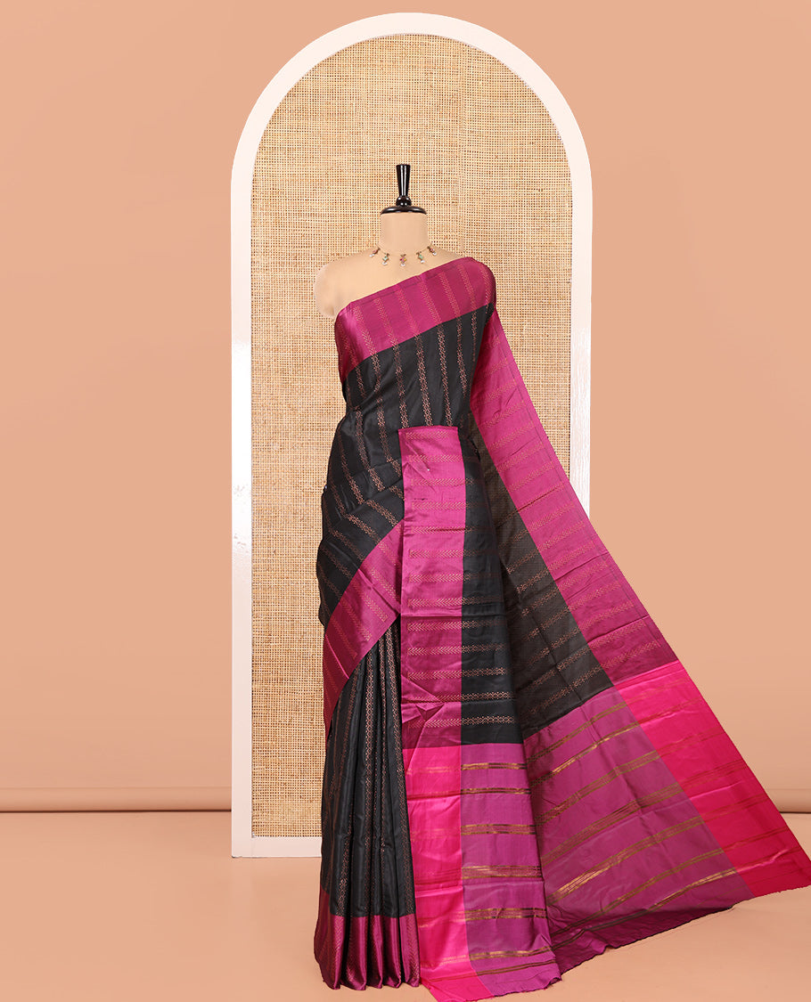 Black Kanchi Soft Silk Saree, Enriched with Chevron Stripes on Its Body, Complemented by a Contrast Chevron Striped Border, Striped Pallu, and Paired with a Contrast Blouse