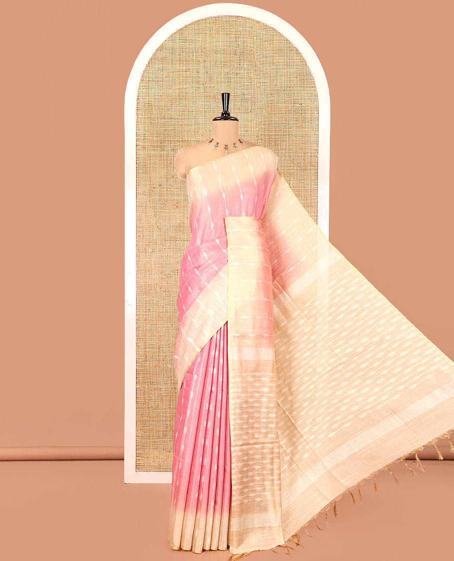 Pink Bhagalpur Cotton Saree, Accentuated with Dotted-Thread Stripes, Contrast Thread Striped Border, Pallu of Thread Stripes, and a Contrast Blouse