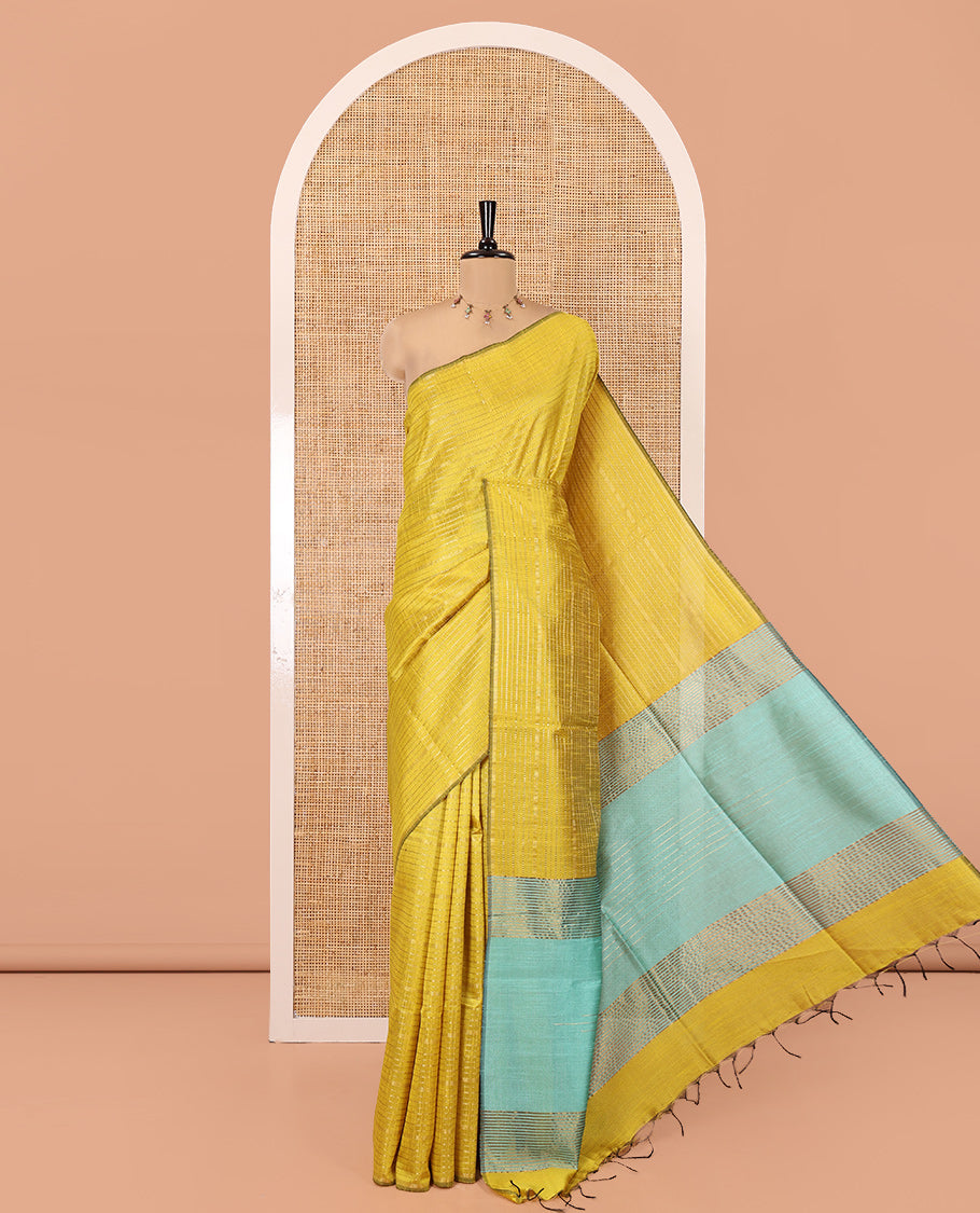 Borderless Yellow and Rama Semi-Raw Silk Saree, Subtly Sparkled with Muthu Stripes on Its Body, Complemented by a Contrast Zari Striped Pallu, and Paired with a Contrast Blouse