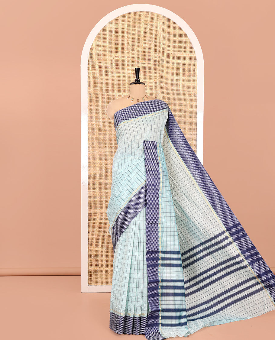 Sky Blue Checked Mercerised Cotton Saree, Contrast Temple Ara Maadam Border, Striped Pallu, and Matching Blouse