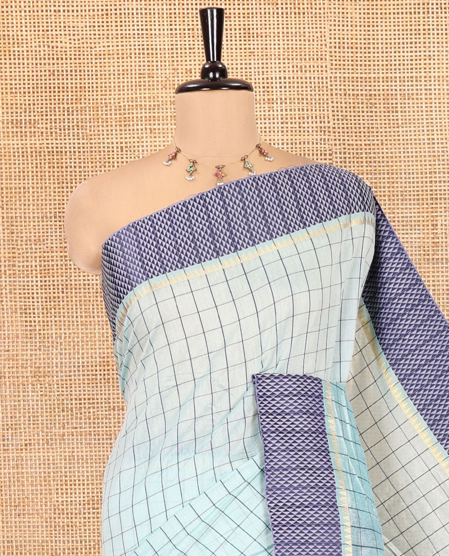 Sky Blue Checked Mercerised Cotton Saree, Contrast Temple Ara Maadam Border, Striped Pallu, and Matching Blouse