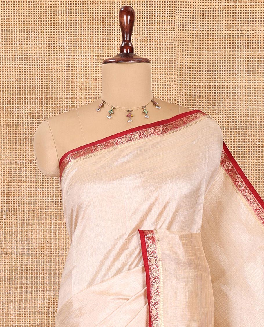 Chikku-Maroon Plain Semi-Tussar Saree, Complemented by Contrast Floral Creeper Zari Border, Striped Pallu and a Contrast Blouse