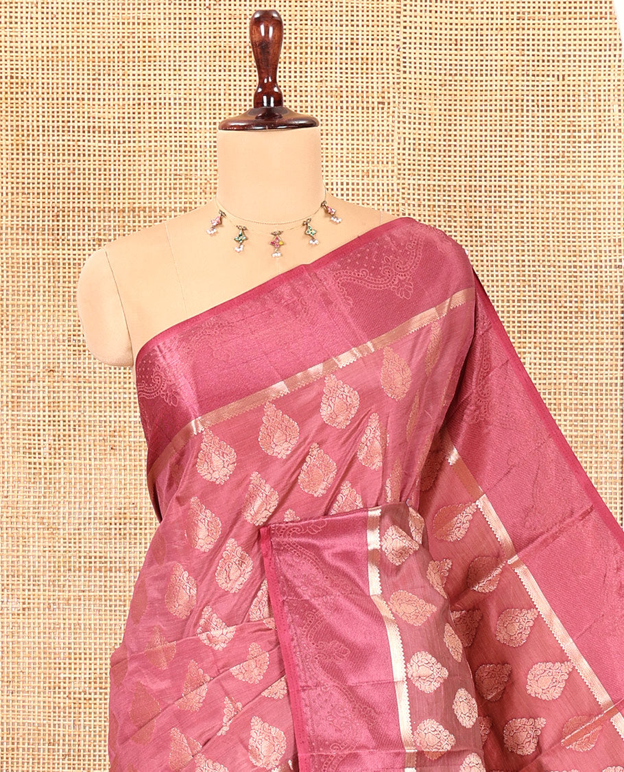 Purple Semi-Tussar Saree, Enriched with Zari Buttas, a Satin Embossed Border, Gleaming Pallu, and a Matching Blouse