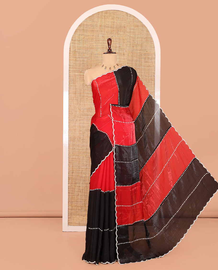 Red-Black Fendi Chiffon Saree, Gleamed Up with Swarovski Stonework, a Scallop Swarovski Stonework Border, a Matching Stonework Blouse
