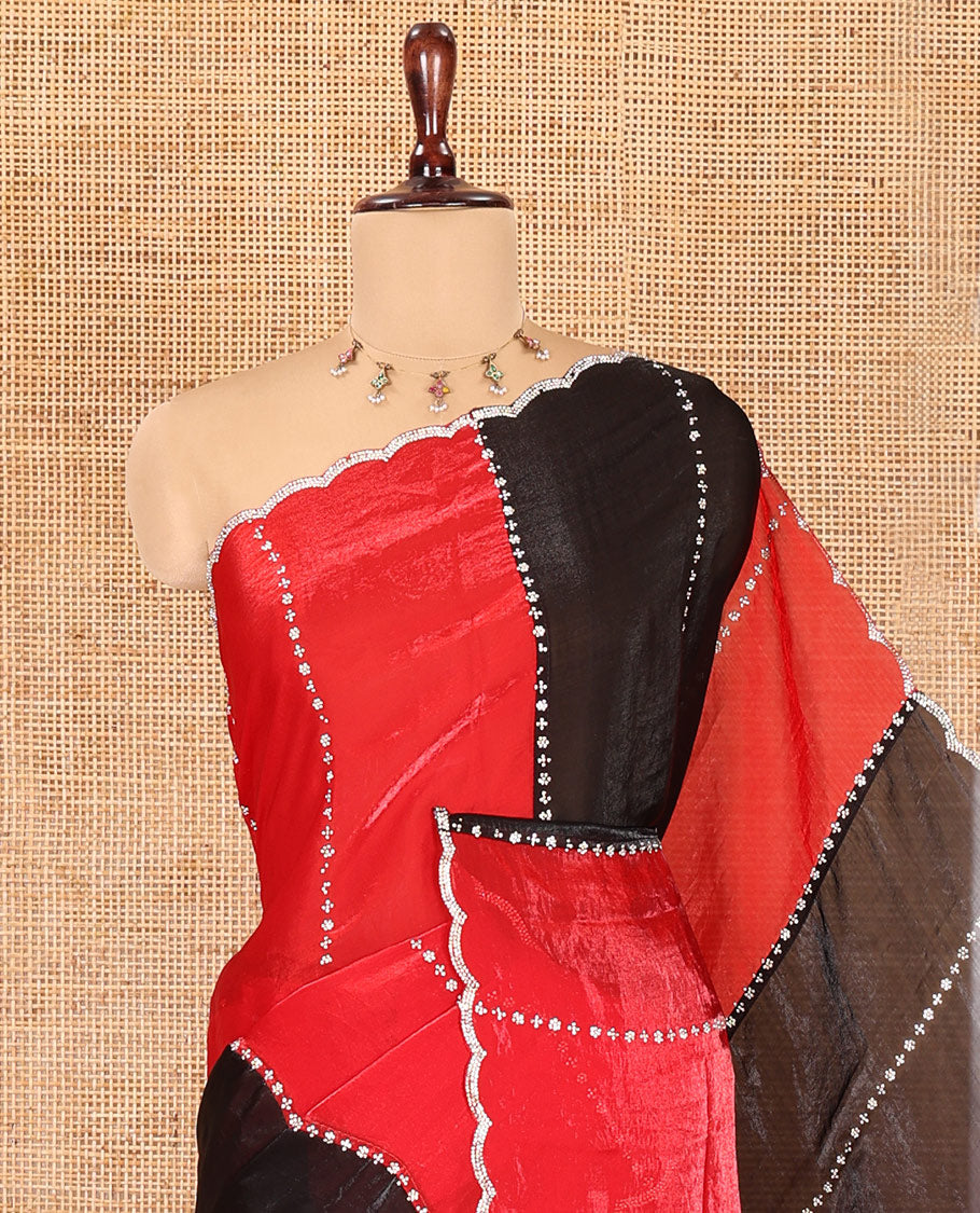 Red-Black Fendi Chiffon Saree, Gleamed Up with Swarovski Stonework, a Scallop Swarovski Stonework Border, a Matching Stonework Blouse