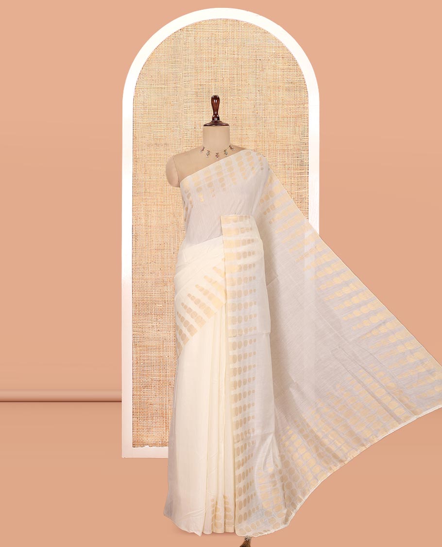Cream Plain Chanderi Cotton Saree, Highlighted by Coin Zari Motifs Border, and a Matching Blouse