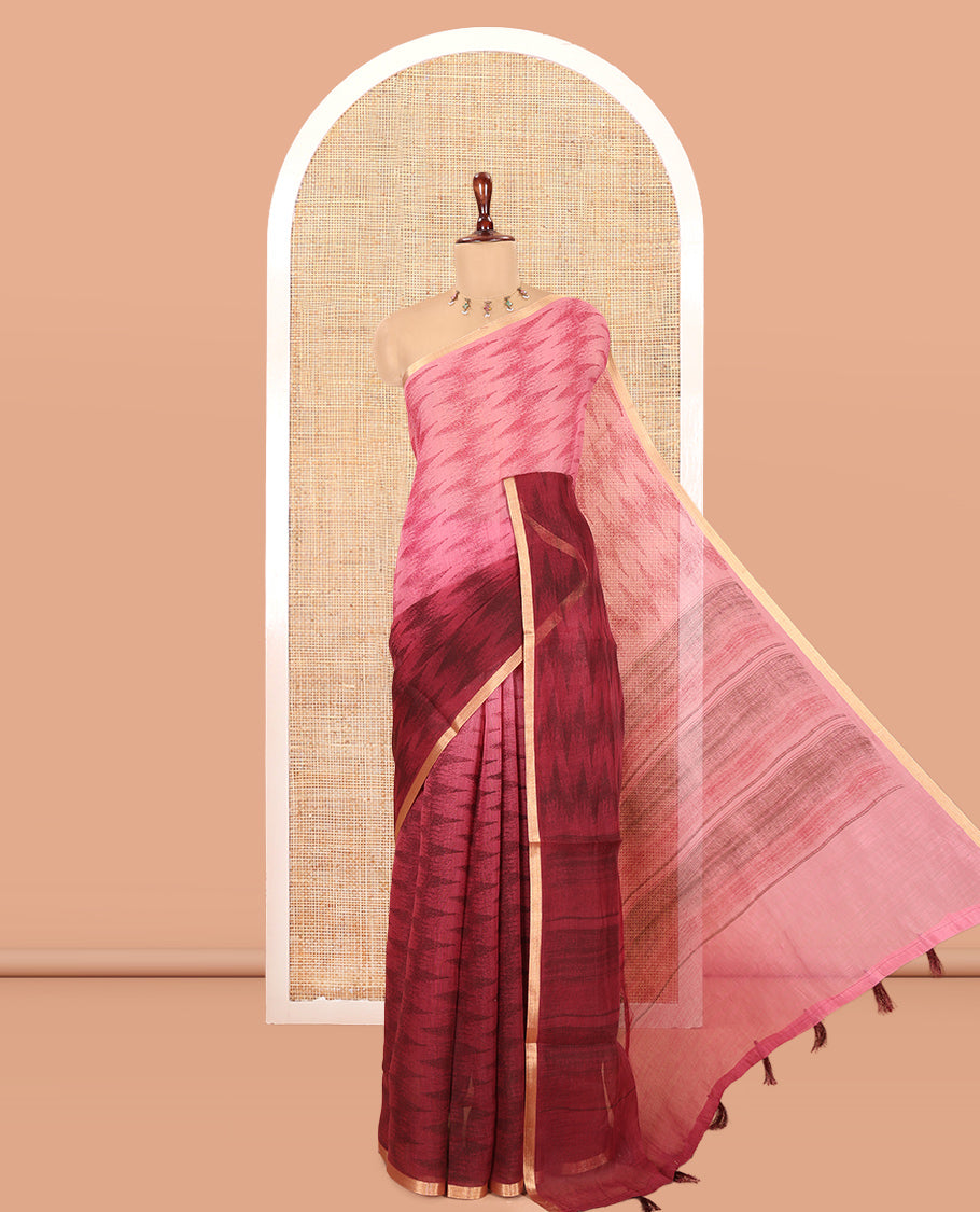 Pink Linen Cotton Saree, Adorned with Ikat Zig-Zag Stripes, a Piping Border, Printed Pallu, and Matching Blouse